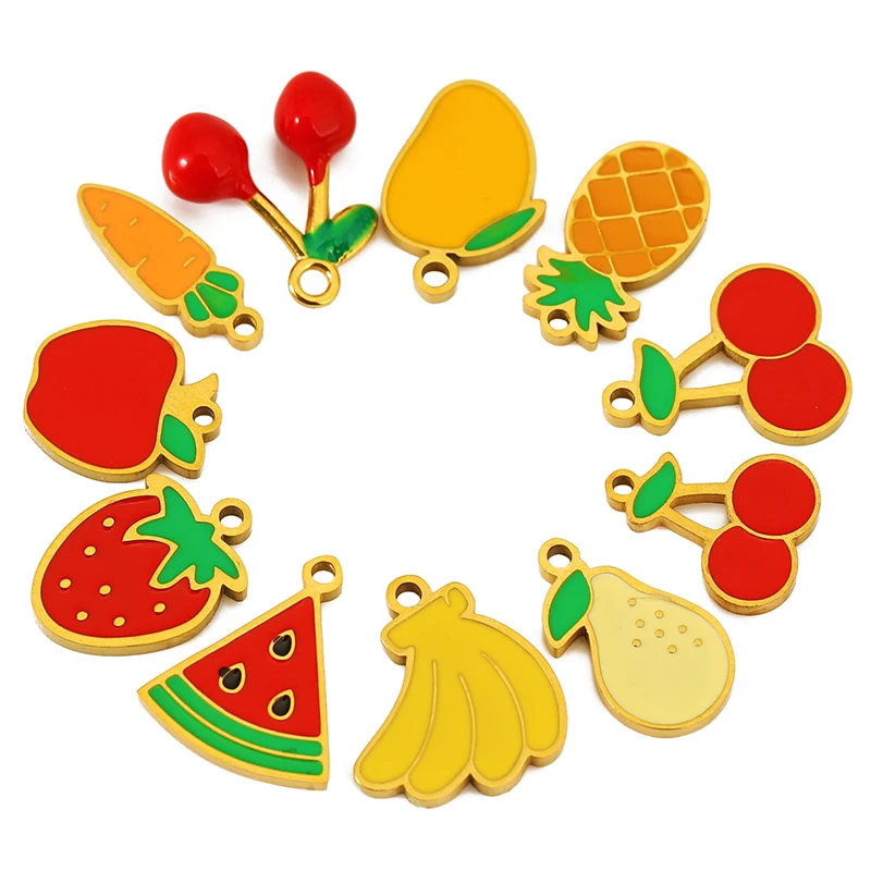 5pcs Stainless Steel Enamel Watermelon/Apple/Banana/Pineapple Charm Pendants for DIY Necklaces Earrings Necklaces Jewelry Making