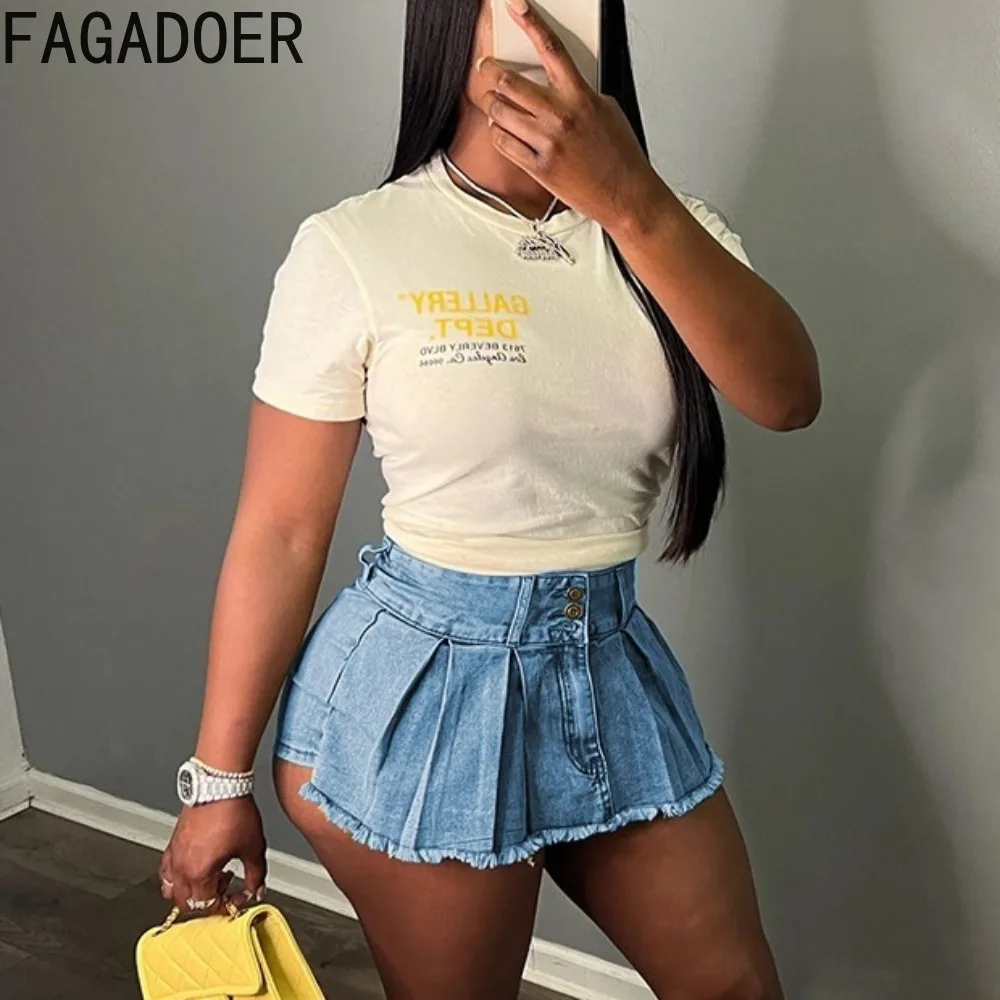 FAGADOER-Mini jupes en jean plissé pour femmes, taille haute, bouton, jupes courtes mignonnes, bas assortis rétro, mode Y2K, nouveau, été