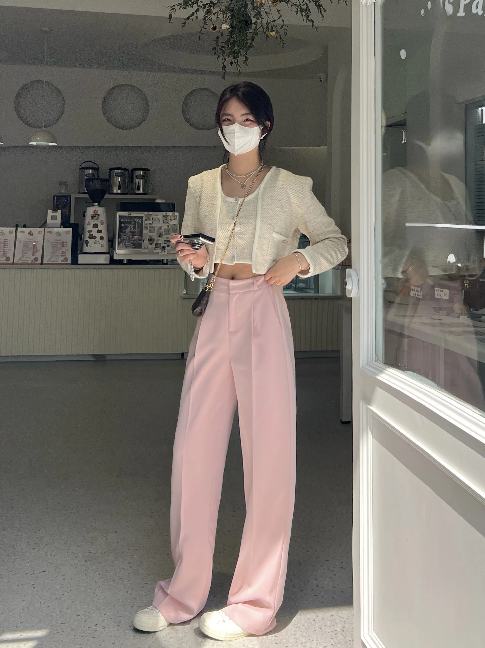 

Розовые широкие брюки женские повседневные с высокой талией, прямого кроя, весна-осень, свободные, стройнящие, струящиеся, в пол