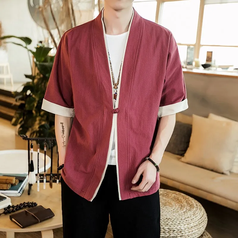 

Men's Chinese Sle Cotton Linen Five-Quarter Sve Outer K Coat Retro Daoist Robe Zen Clothes Summer Lightweight Jaet