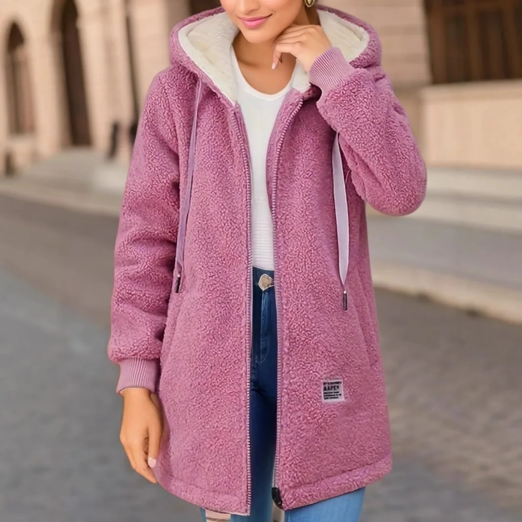 New Autumn and Winter Embroidered Letter Zipper Jacket with Thick Fleece, Medium To Long Lamb Fleece Hoodie, Women's Clothing