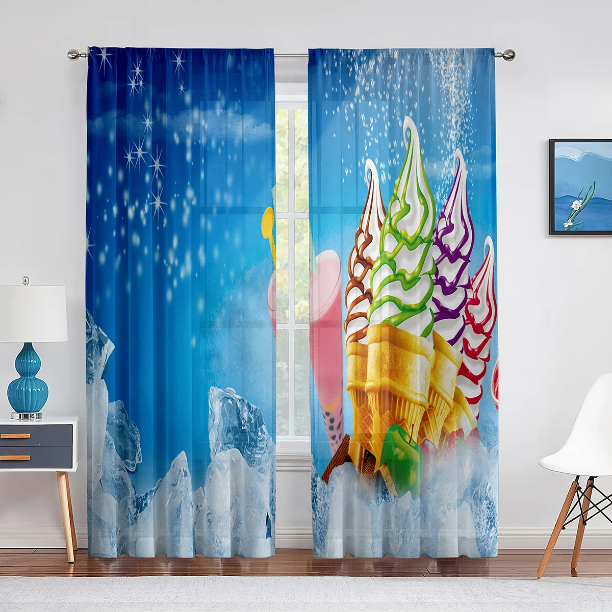 

Ice Cream Summer Theme Chocolate and Fruity Flavor Tulle Window Curtains for Living Room Bedroom Decorative Sheer Voile Curtain