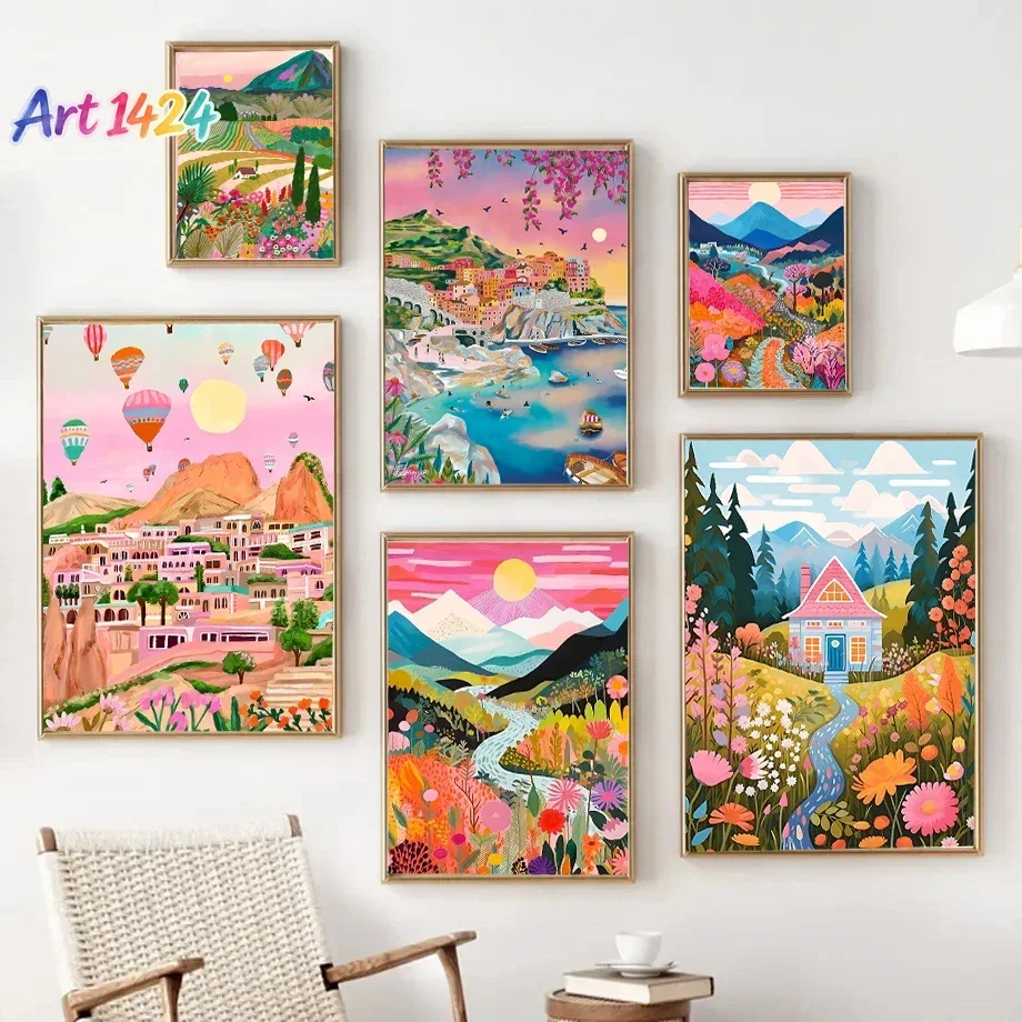Flowers Mountain Lake Colorful Poster Nature Landscape Travel Decor Poster HD Quality Wall Art Retro Posters for Home Room Decor