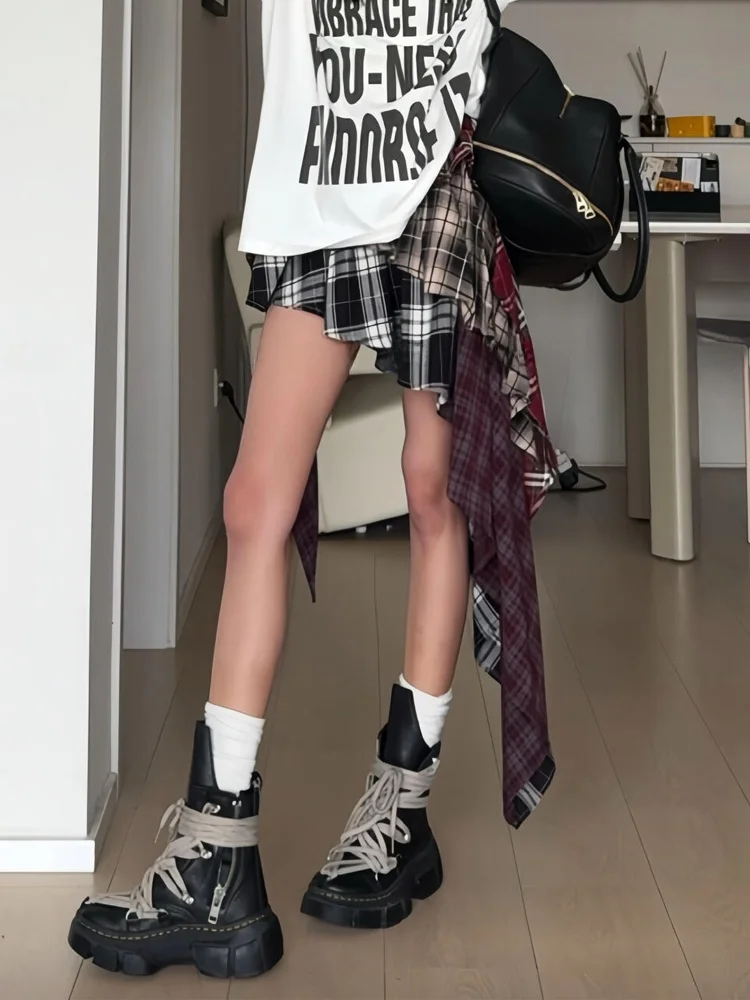 Retro American Design Color Block Plaid Half Skirt Women's Y2K Millennium Spicy Girl Deconstructed Irregular Skirt