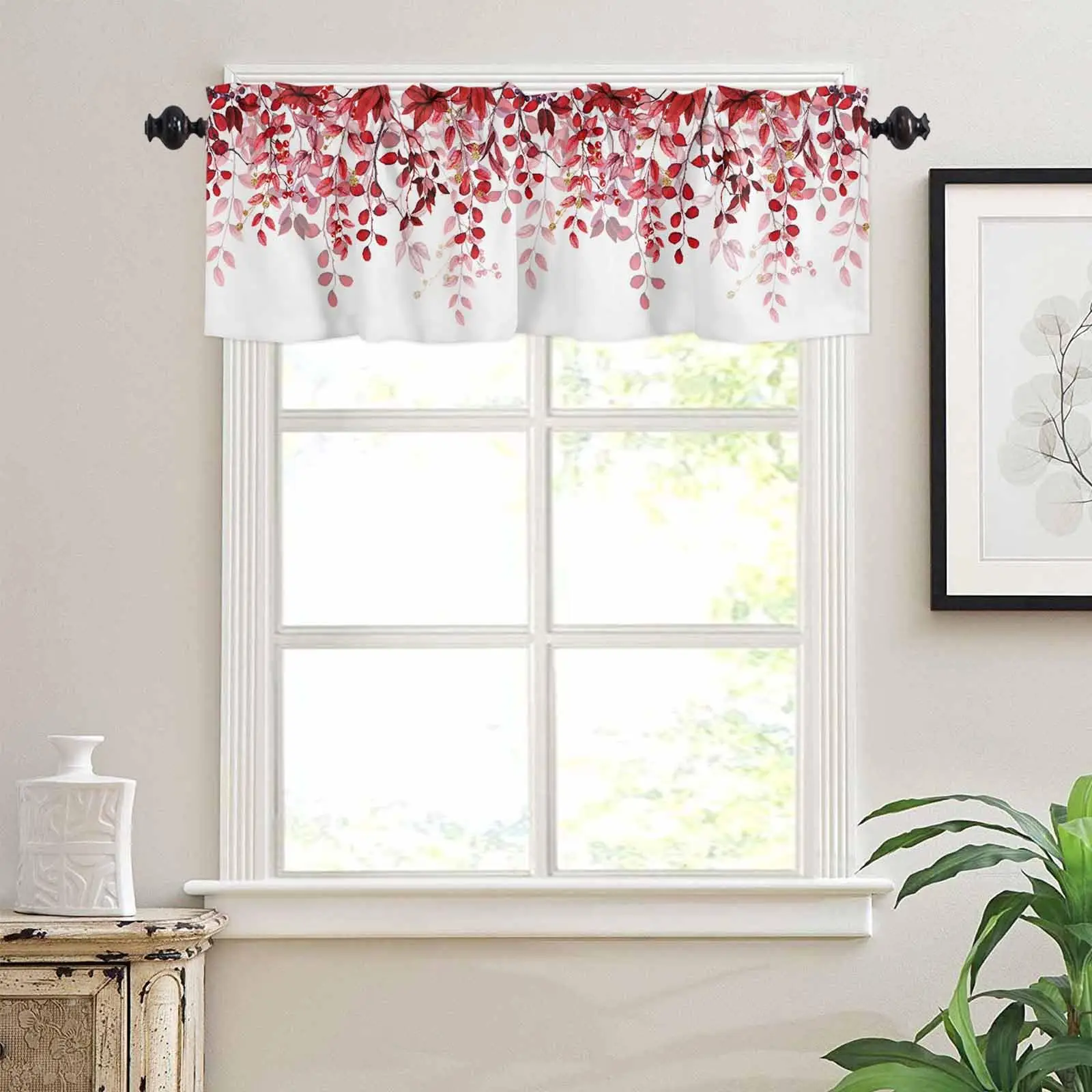 Red Eucalyptus Leaves Valance Curtain 1 Panel Watercolor Pattern Window Treatment Curtain Topper for Bathroom Bedroom Windows