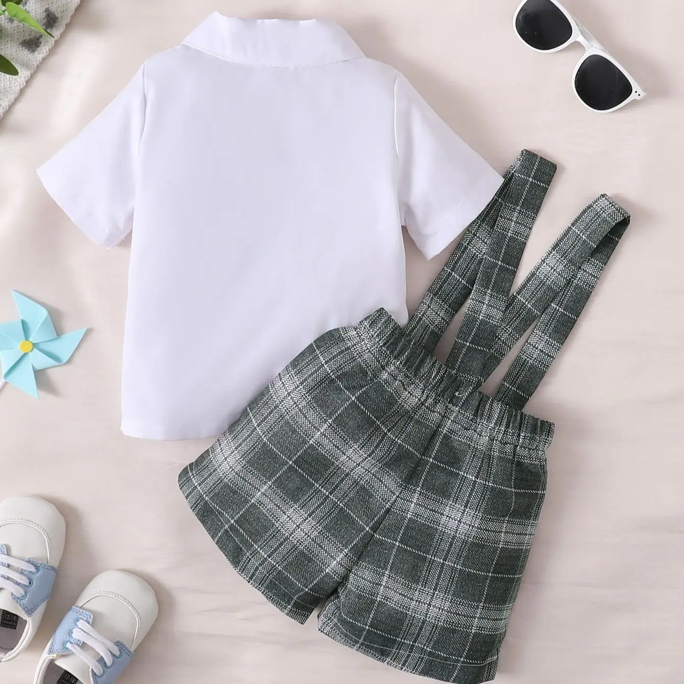 6-to 36-month-old newborn baby boys summer white lapel cardigan short-sleeved tie with plaid suspenders shorts gentleman suit