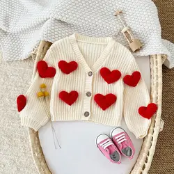 Korean Infant Girls Knit Cardigan Baby Sweaters Autumn Winter 2024 Stylish Sweet Newborn Clothes Woolen Heart Coat Baby Tops