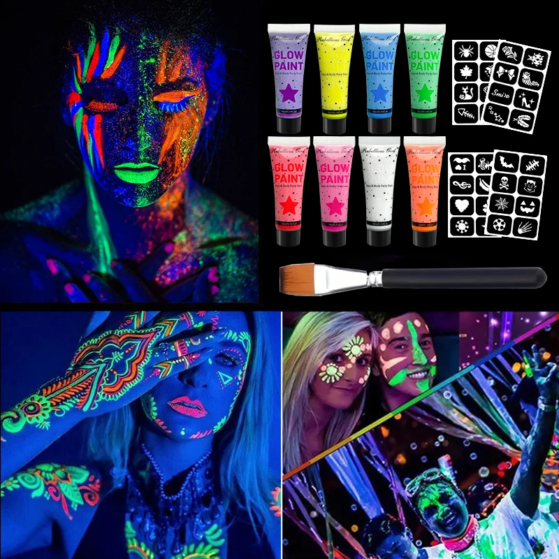 10pcs Set for 8pcs 10ml Fluorescent Face & Body Paint Set,4 Stencil Stickers with 1 Brush,UV Glow,Long-Lasting Bright for Partie