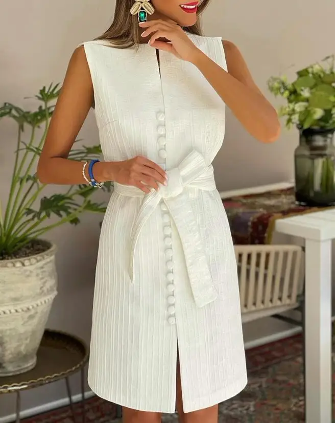 Casual Versatile Women's Dress 2023 Summer Fashion New Elegant Solid Classic Bow Tie Up Round Neck Sleeveless Rib Split Dress