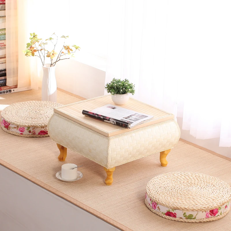

Bohemian Style Tatami Tea Table Set Rattan Coffee Table with Solid Wood Frame Floor Cushion Desk Storage Ottoman for Bay Window