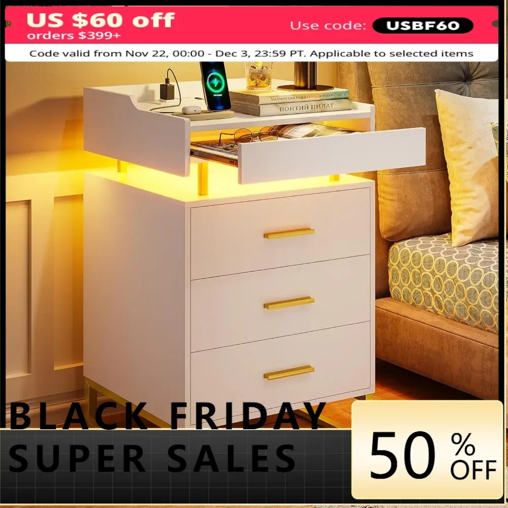 

LED bedside table with charging station, large bedside table with 3 drawers and 1 pull-out tray