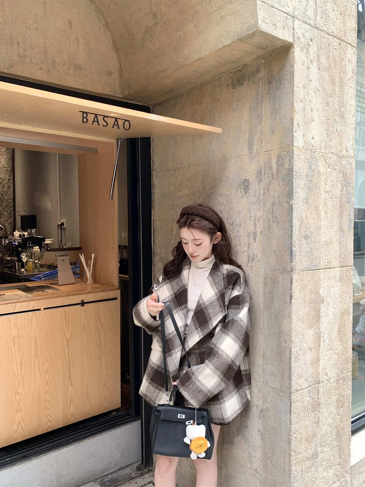 

Классическое шерстяное пальто в клетку с вырезом на воротнике, дизайнерское или свободное силуэт, новое зимнее пальто в Корейском стиле, длинное све, с высокой талией