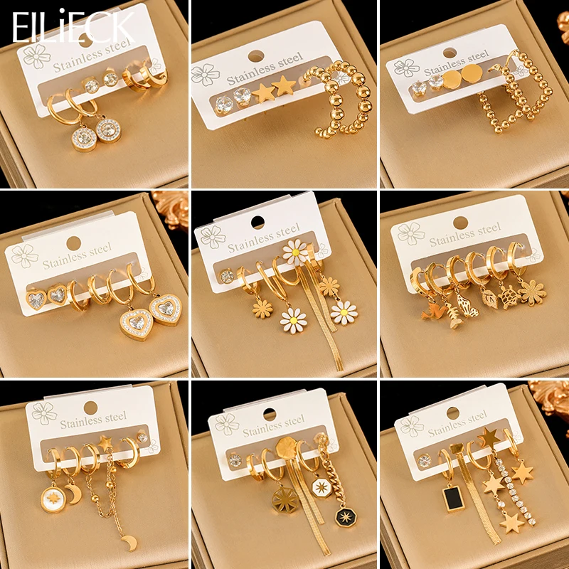EILIECK 316L Edelstahl Ohrringe Set Für Frauen Mode Neue 18K Gold Überzogene Ohr Wasserdicht Schmuck Dame Geschenk Party soi