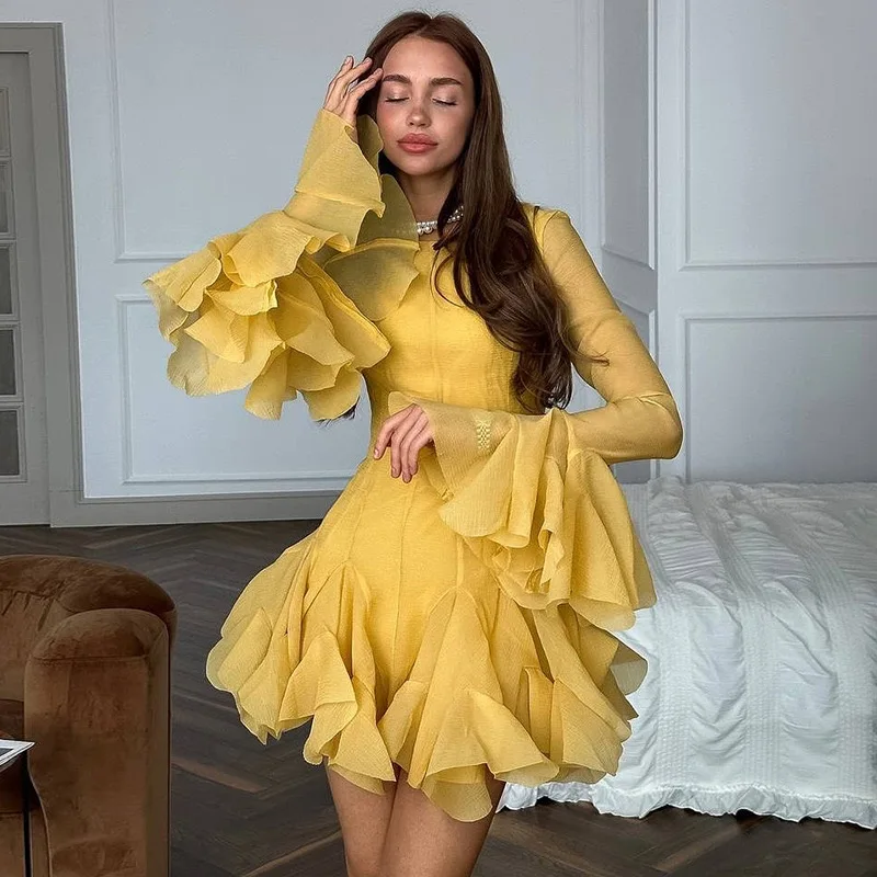 Novo vestido feminino francês em camadas com babados e saia de dança de fadas