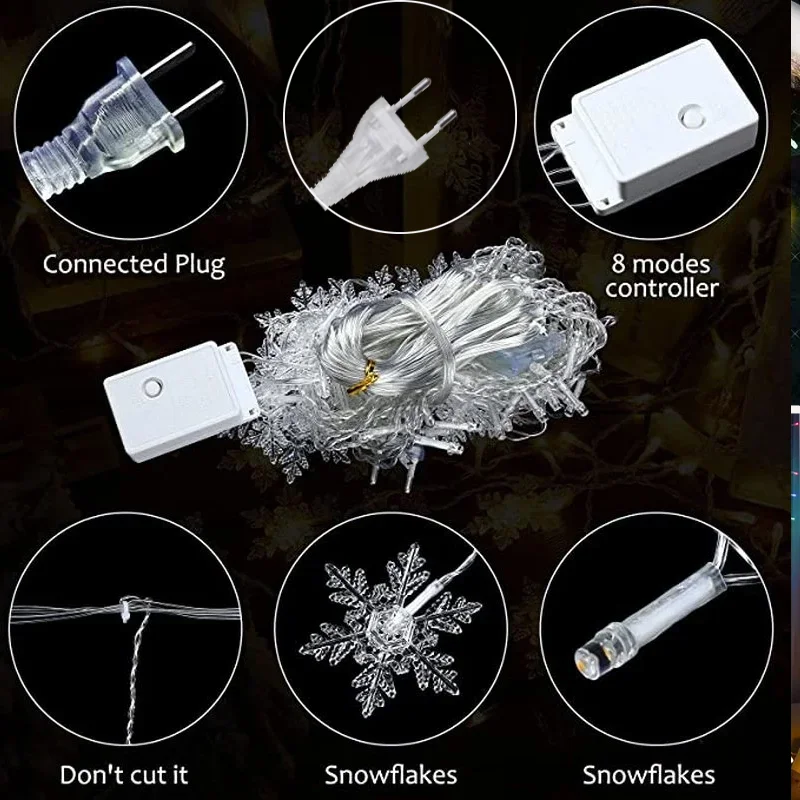 Guirnalda de luces LED con copos de nieve de Navidad, luces de cortina de hadas intermitentes para fiestas, bodas, decoración navideña, artículos para el hogar