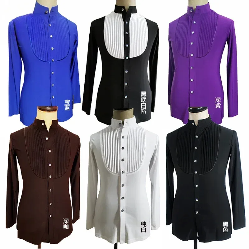 

Men Latin Dance Shirts Rhinestones Metallic Splice Top Competition Performance Wear Male Ballroom Chacha Latin Dancing Clothes