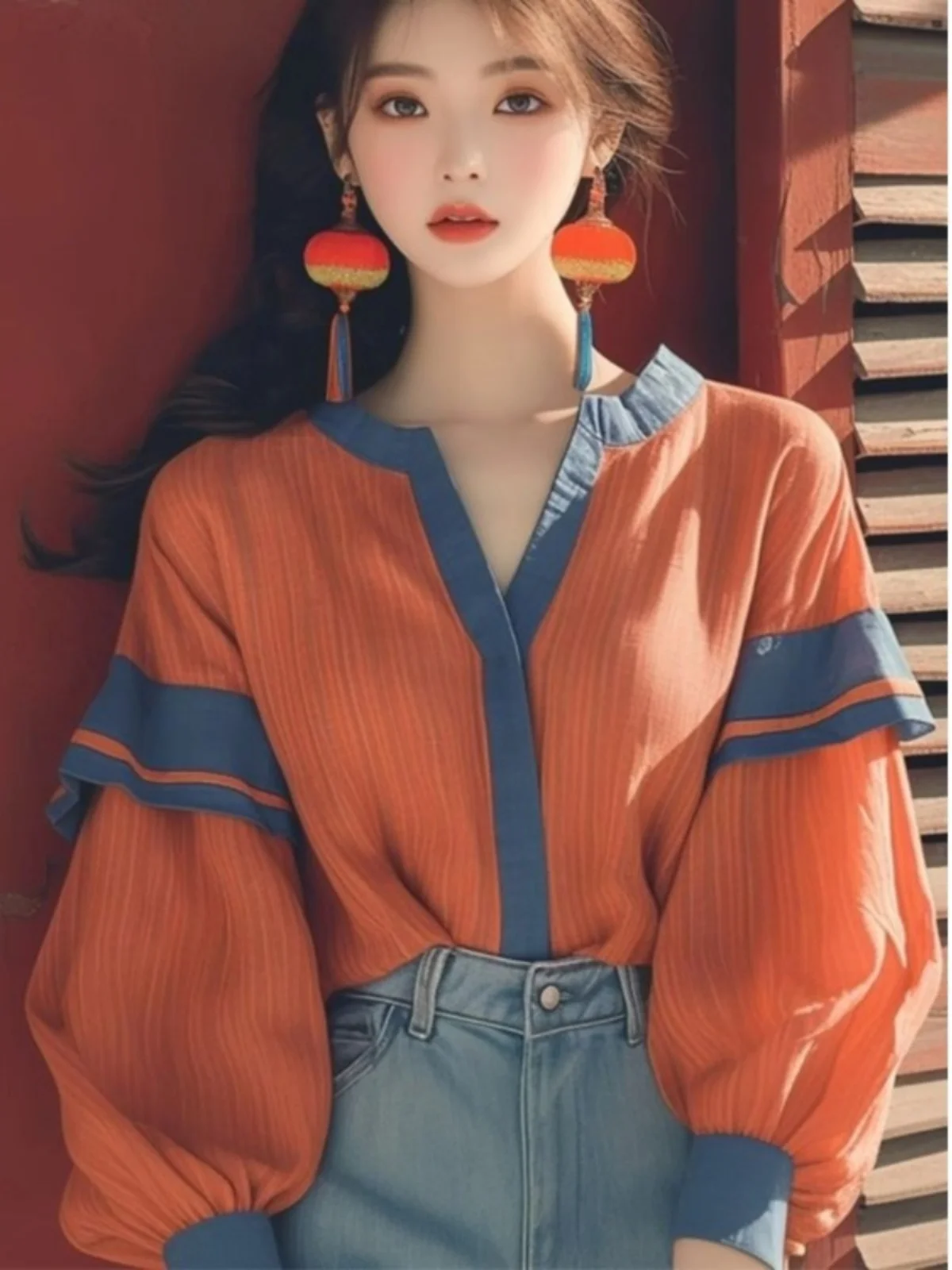 

Early Autumn Women's Lantern Sve irt Loose Fit Color Blo Design Casual Vintage Sle Long Sve V Ne Top