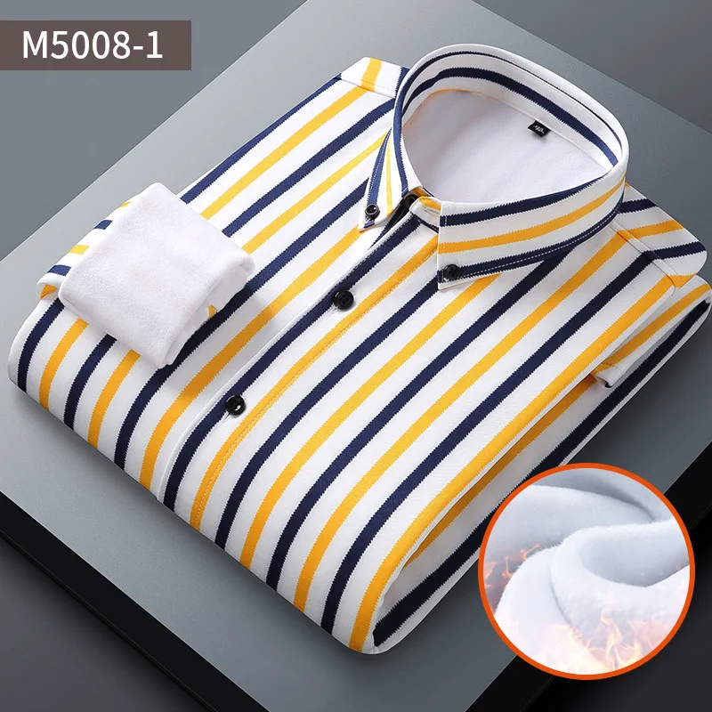 Non-ironing wrinkle-free autumn and winter new elastic striped warm shirt men thick warm shirt composite velvet business leisure