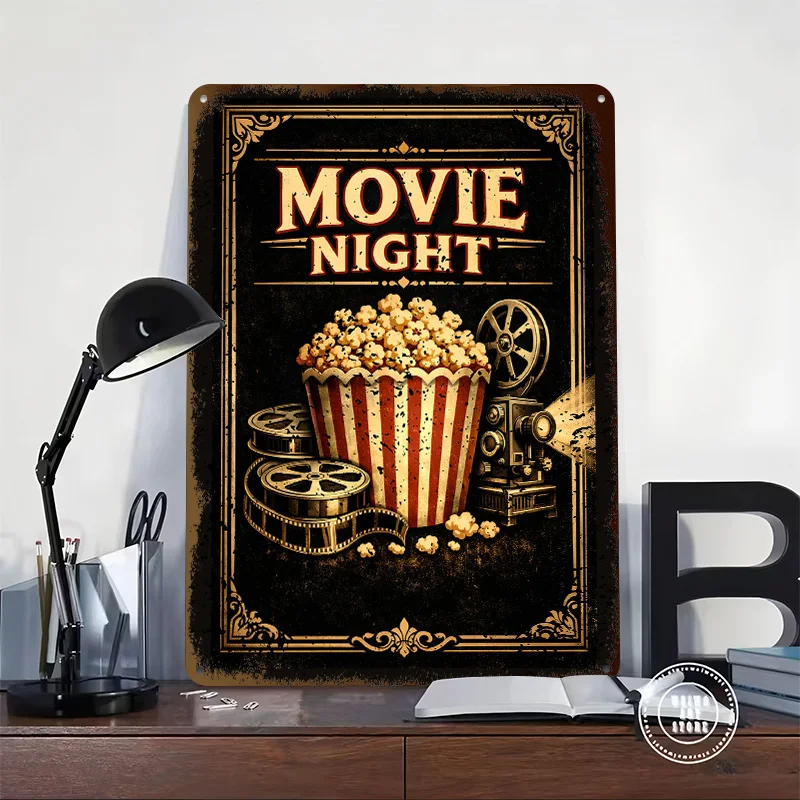 Movie Night Popcorn and Projector Metal Poster Custom Wall Art Retro Vintage Tinplate Signs for House Decor Room Coffee Bar Home