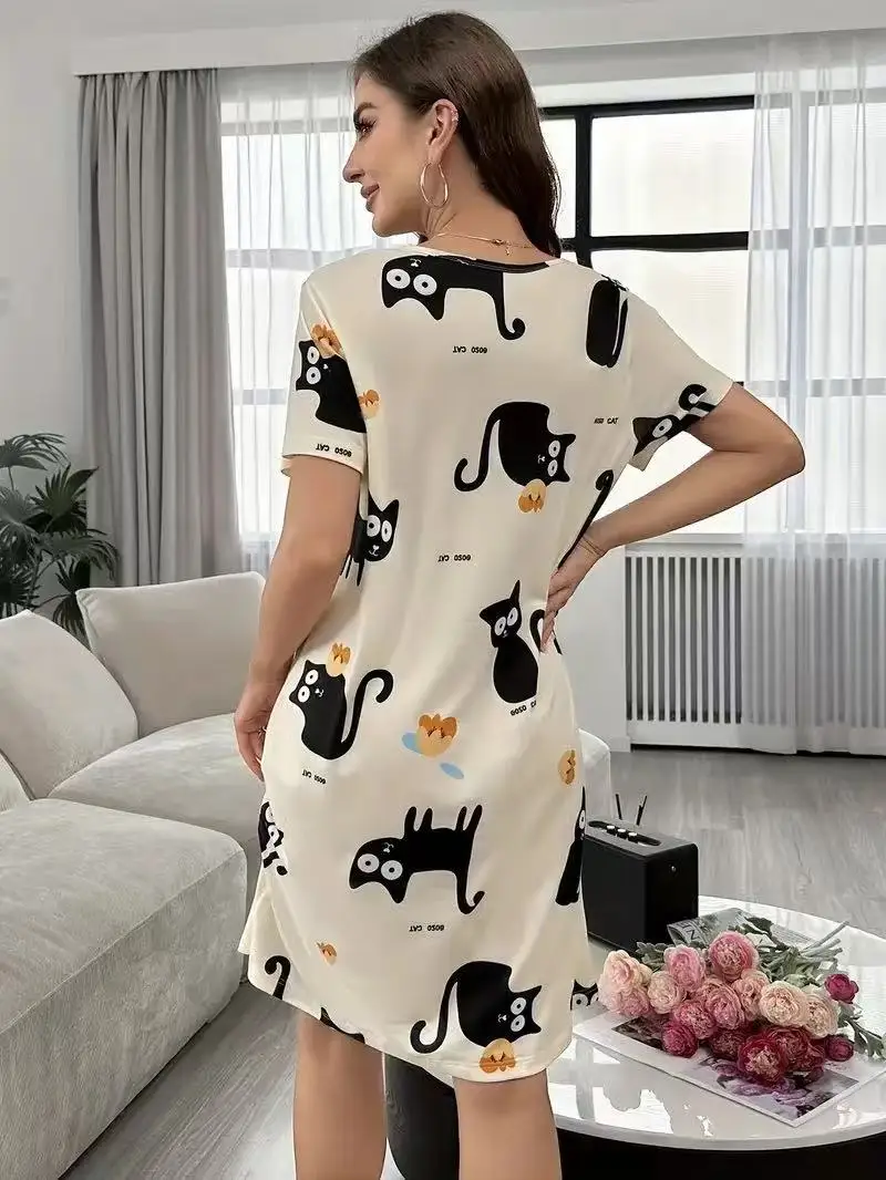 Women's Spring and Summer Cartoon Cat and Letter Print Pajamas, Short-Sleeved Round Neck Dress