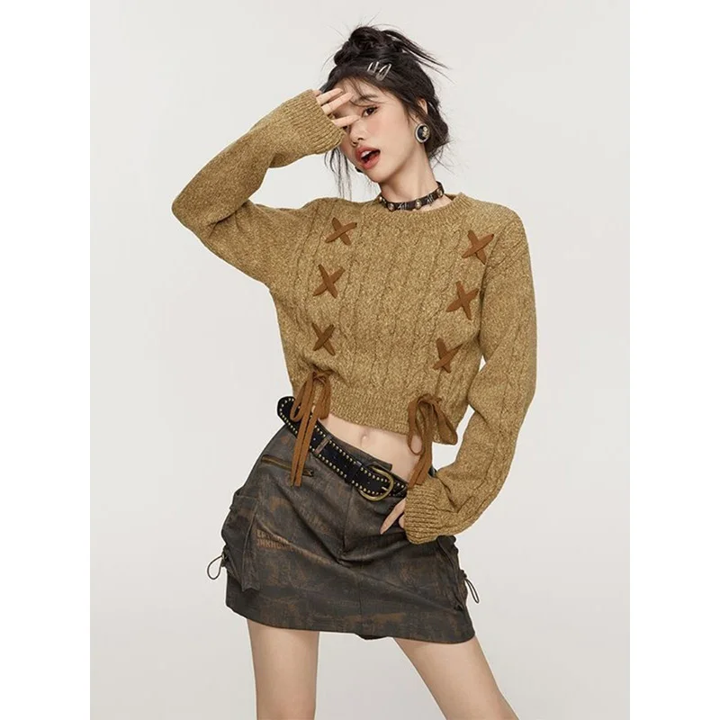 Women Clothes Autumn Winter Fashion Trend Drawstring Solid Color Knitting O-neck All-match Slim Long Sleeve Long Sleeve Pullove