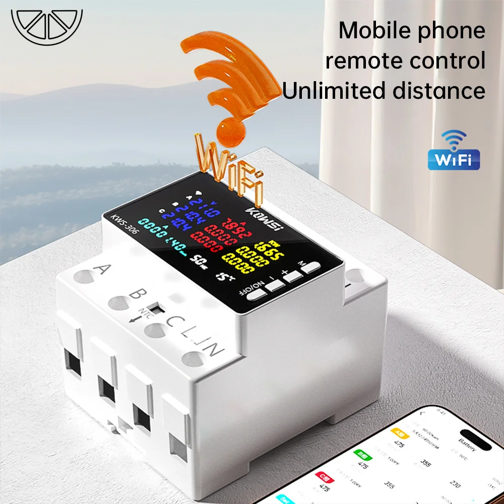 WIFI Power Energy Meter AC Monitor AC 85-290V 80A 3 Phase 4-wire Rail Over Under Voltage Protector Electricity Meter