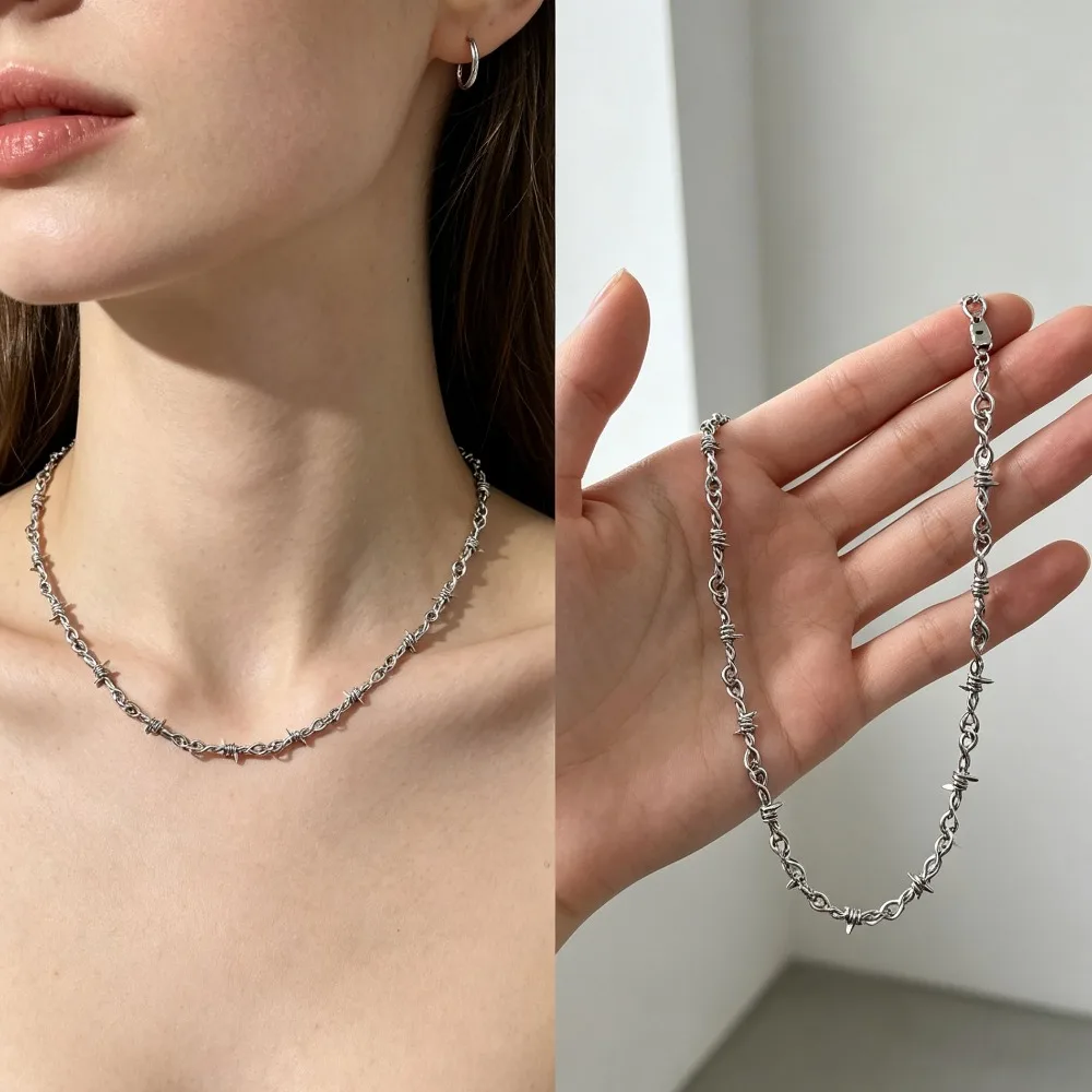 Retro Thorn Necklace Bracelet Set Creative Barbed Collarbone Chain Jewelry for Men Women Daily Party Accessory Gift