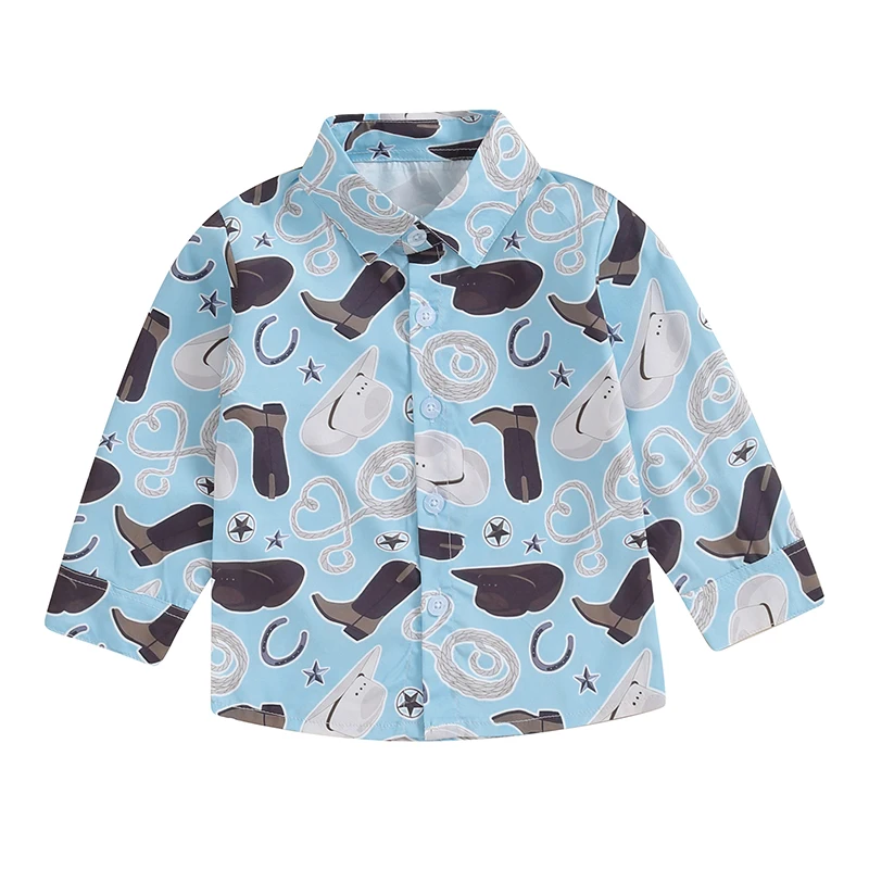 Baby Boys Shirt Long Sleeve Turn-down Collar Button Closure Cactus Hat Print Toddler Fall Shirt Casual Tops