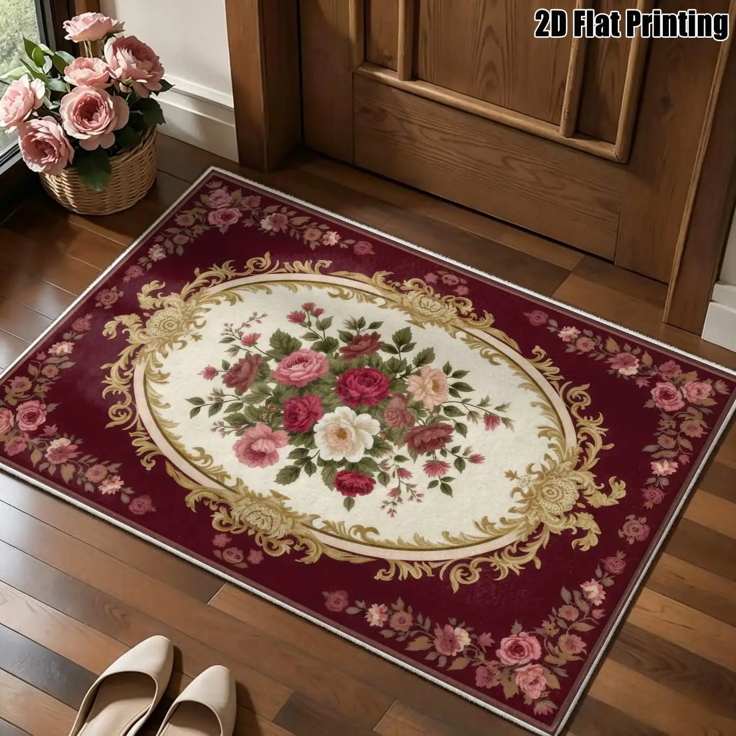 1Pc 2D Printed Velvet Carpet, Burgundy Base Pink Flower Pattern, Machine Washable, Multi-Size, Suitable for Home Decor & Multi-Scene Use