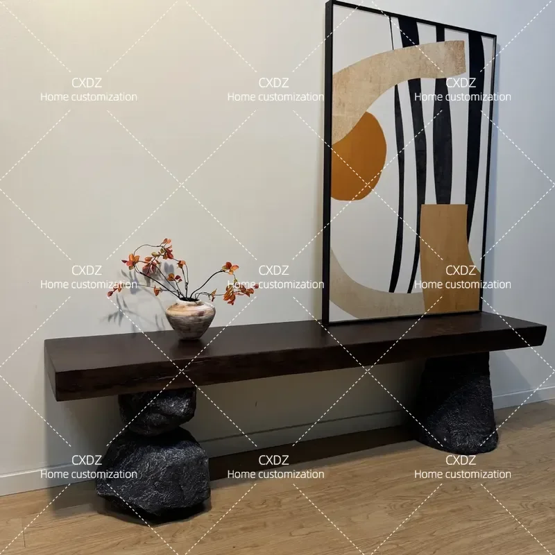 Wabi Sabi Style Solid Wood Entryway Table Imitation Stone Landscape Console Desk End View Display Stand for Hotel Home Decor