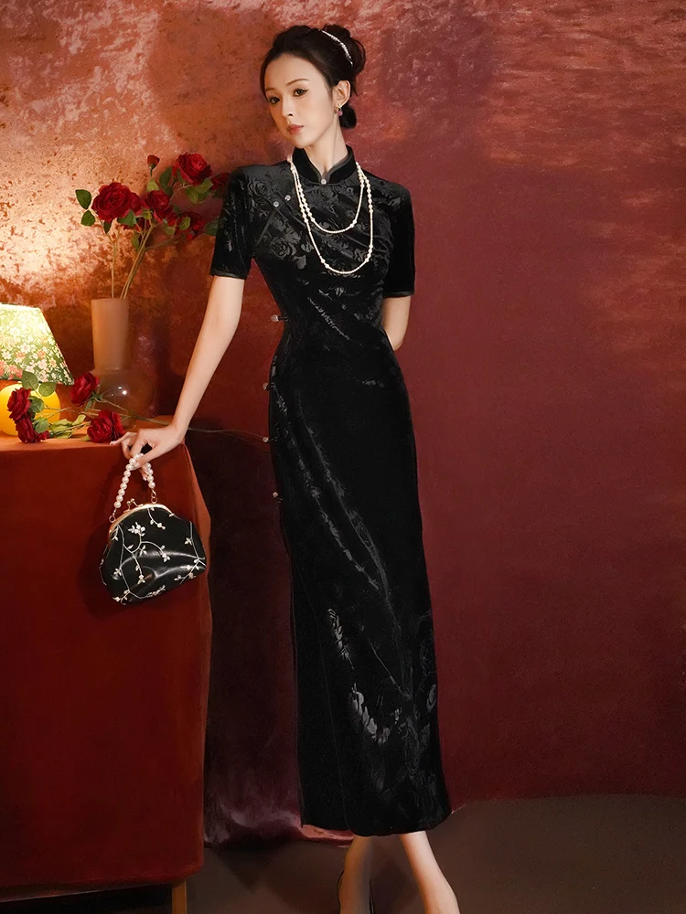 

Элегантная черная бархатная юбка в стиле ретро для женщин, модная, удлиненная, повседневная, из полиэстера