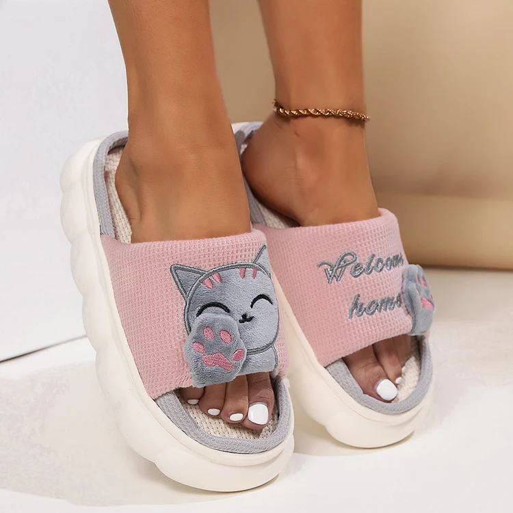 Leinen Casual Hausschuhe Frauen Haus Plattform Niedlichen Cartoon Katze Designer Schuhe Mädchen Flache Mode Elegante Schuhe Indoor Große Größe – Detail 6