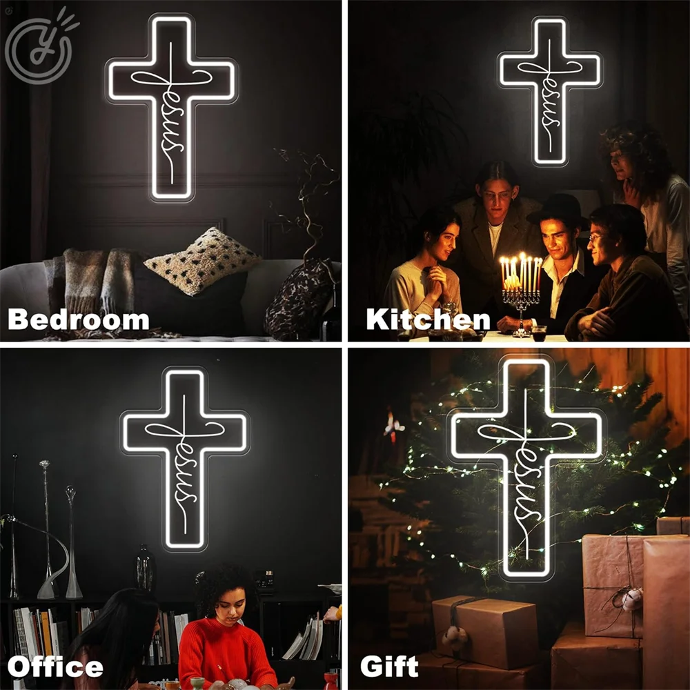 Cross Neon Sign LED Jesus Cross Wall Decor USB Powered for Bedroom Christening Baby Shower Decor Christian Symbol Neon LED Light