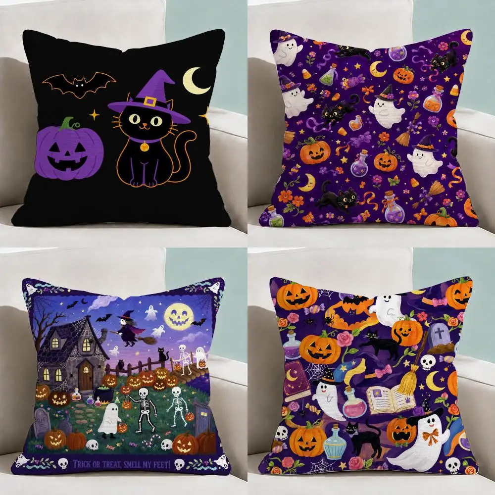 Cute Halloween Ghost Pumpkin Colorful Aesthetic Cushion Cover Throw Pillow Soft ShortPlush Cozy Durable Colorfast HomeDecor Gift