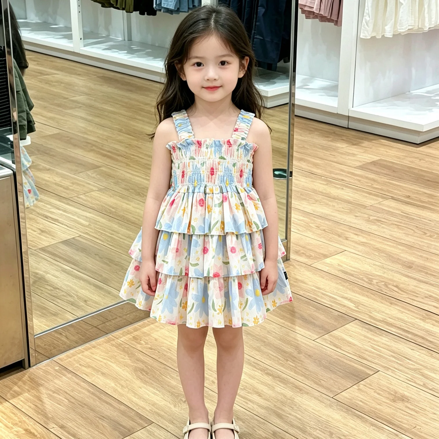 New Summer Girls Dress Halter Floral Layered sling Dress Children Sweet Princess Dress Birthday Party Party Dress 2-9 Years