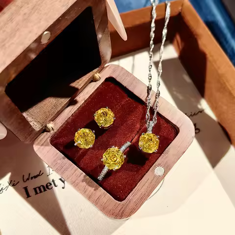 Classic 925 Sterling Silver Octagonal Rose Pendant Necklace, Diamond Earrings, Pink Diamond Ring, Aquamarine Jewelry