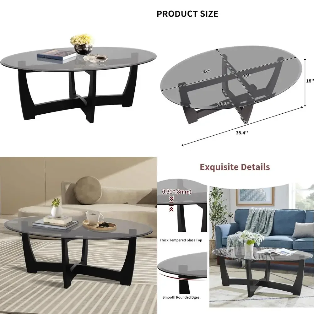 

Modern Oval Glass Coffee Table with Black Tempered Glass Top and Solid Wood Base - Simple Center Table for Living Room