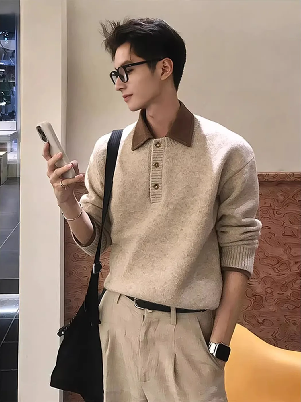 

Khaki Fake Two-Piece Knitwear for Men Winter Casual Sle High nce Sensation Denim Collar Sweater Comfortable Soft M...