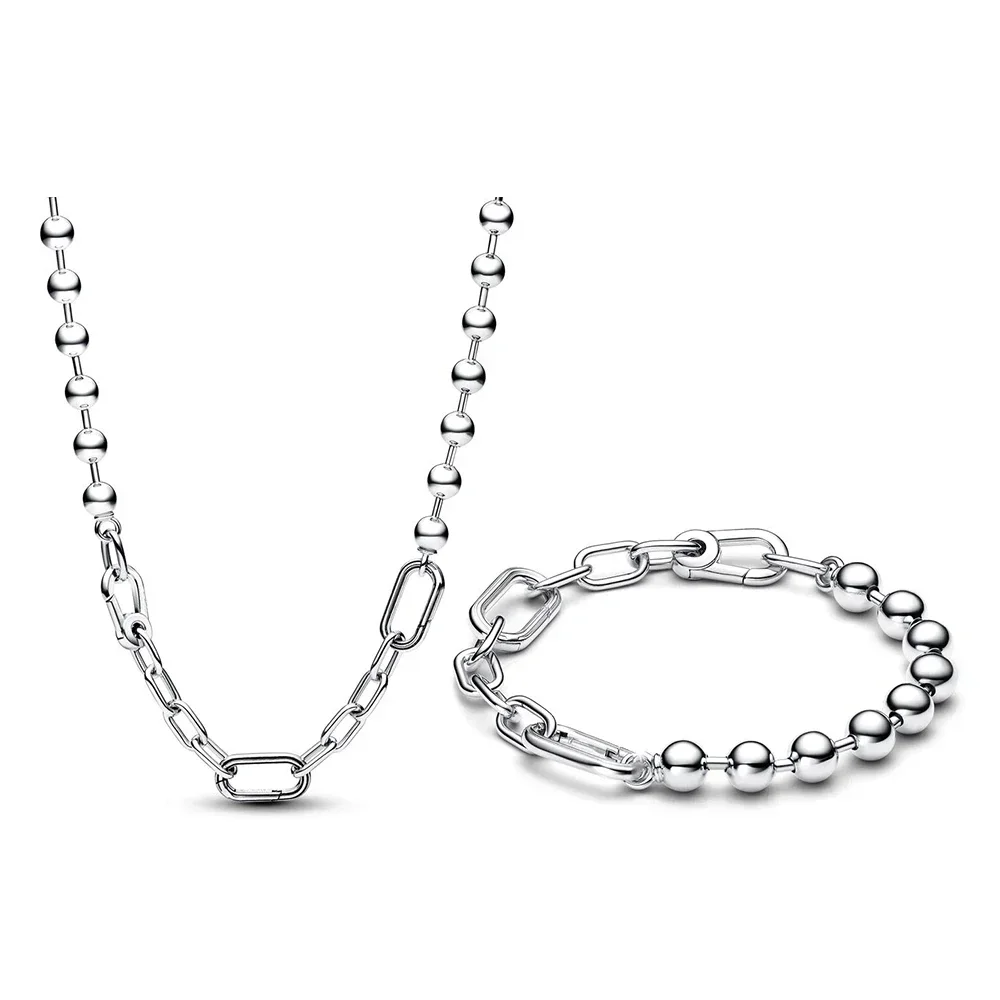 NEW 925 Sterling Silver pretty ME Metal Bead & Link Chain Necklace Bracelet Fit Women Jewelry Set