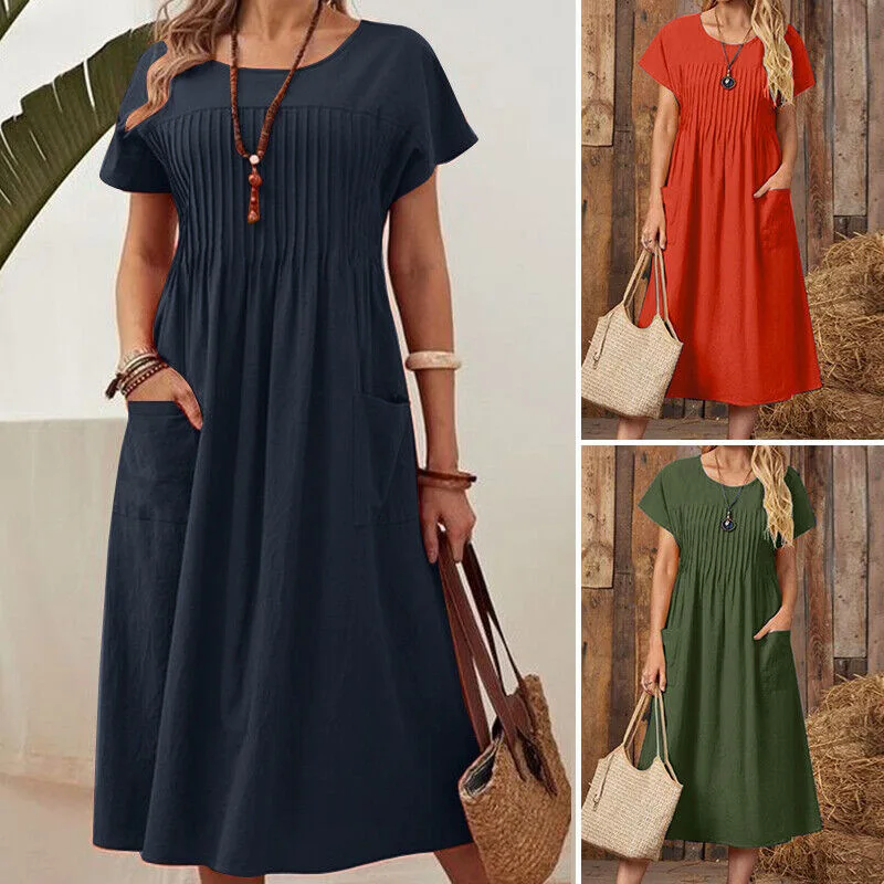 

2026 Women's Newcasual Comfortable Slim Daily Commuting Solid Color Round Neck Pocket Pleated Short-sleeved Dress for Women