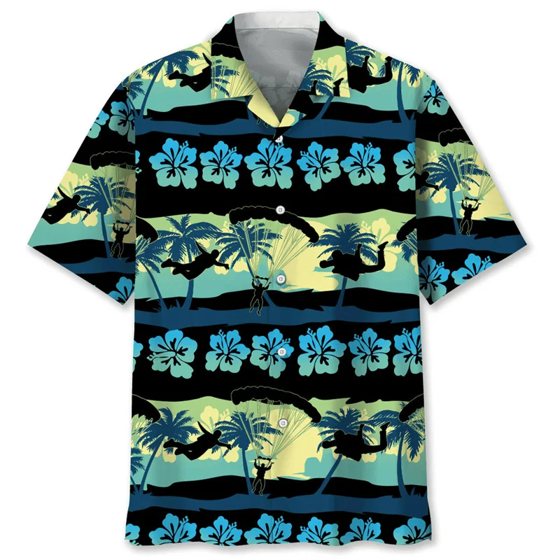 

Skydiving Pattern Hawaiian Shirt Men Fashion 3d Printed Tropical Flowers Shirts Summer Street Short Sleeves Lapel Button Blouse