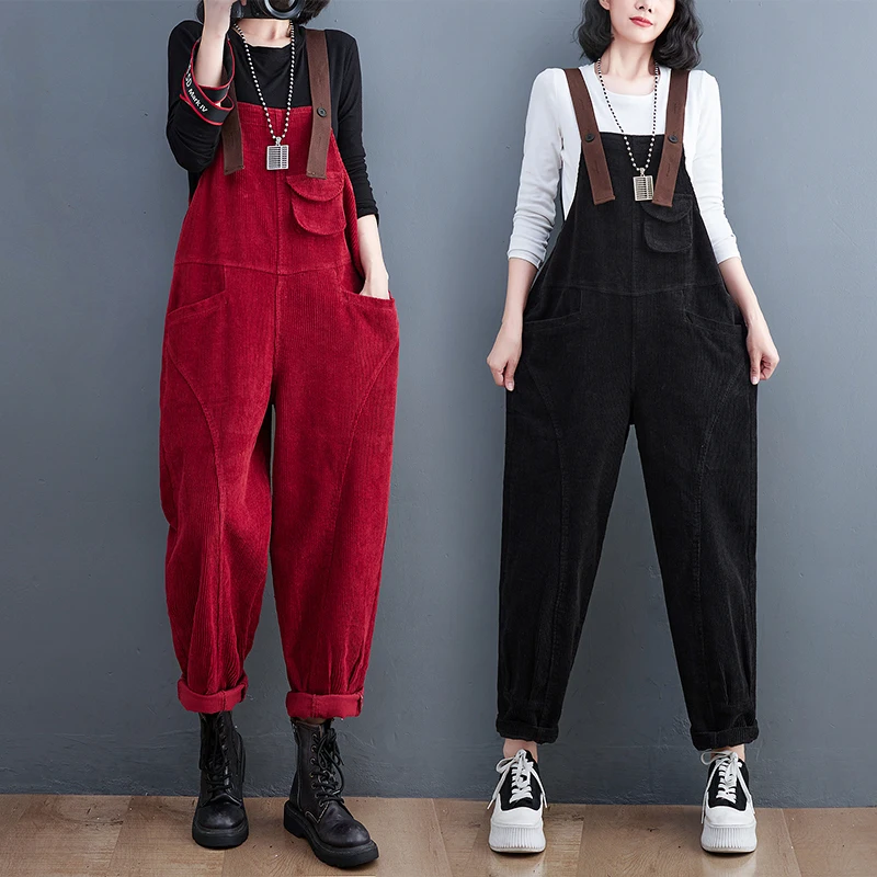 Corduroy Overalls Vrouwen Herfst En Winter Losse Grote Maat Retro Tooling Bretels Jumpsuit Afslanken Harem Lange Broek