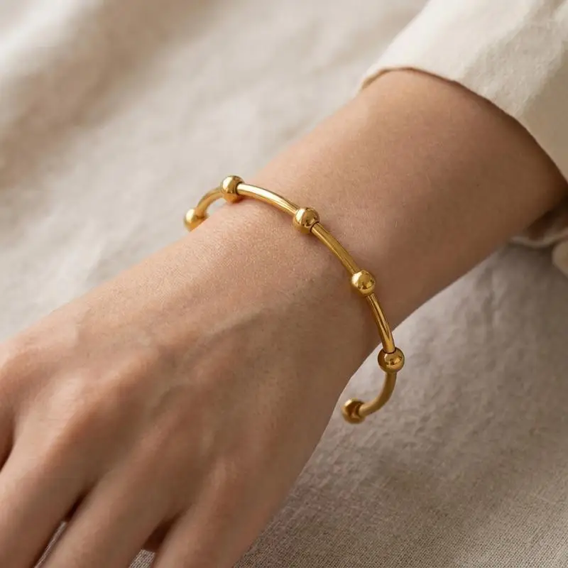 Stainless Steel Round Bead Bangle for Women Dainty Minimalist Geometric Jewelry for Casual Outing Bridesmaid Gift