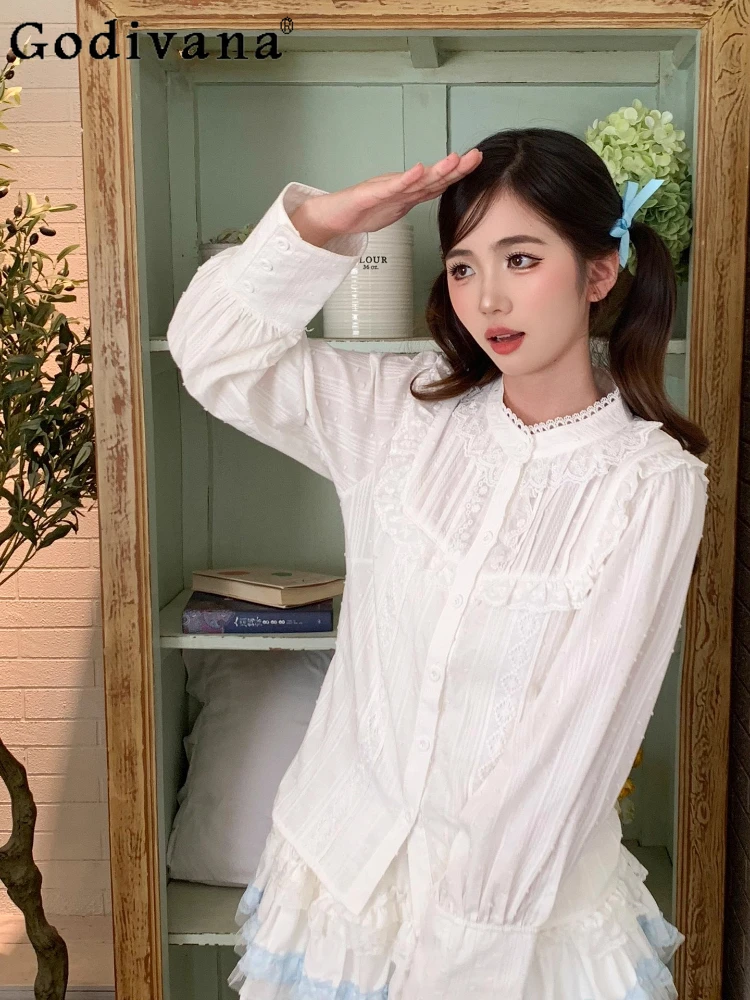 Lolita Cotton Sweet Stand-up Collar Lace Long Sleeve Retro Bottoming Shirt Spring Autumn Simple Cute Princess Age-reducing Top