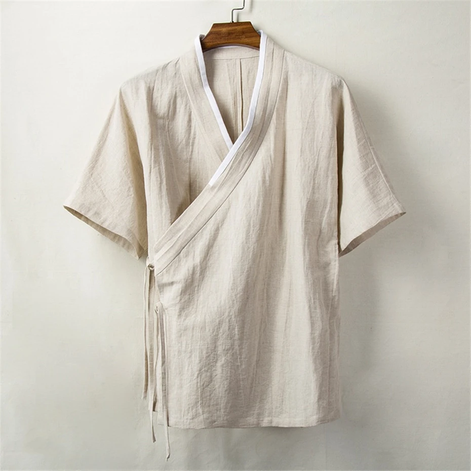 Summer Cotton Linen Shirts Mens Chinese Style Hanfu Cardigan Harajuku Vintage Casual Blouse Loose Short Sleeve Shirts Kimono
