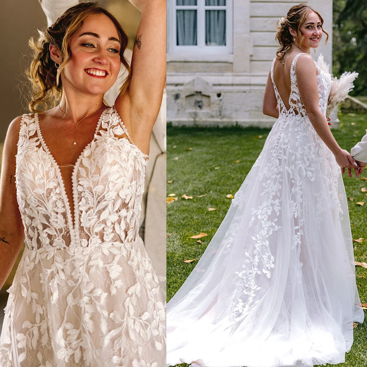 Vestido de novia rústico con cuello en V, apliques sin mangas, encaje 3D, hecho A medida, Espalda descubierta, tren de cepillo, línea A, vestidos de novia de princesa