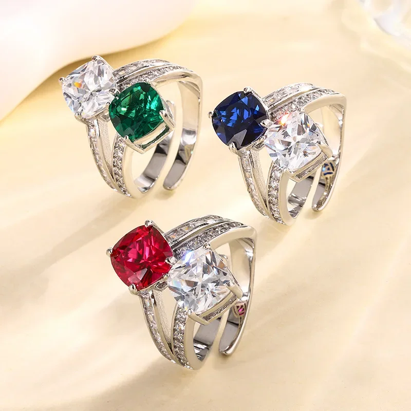 S925 Silver Plated 18K Gold Plated PT950 Platinum Colored Gem Corundum Square Two-color Stone Ring Women's 8*8 Jewelry