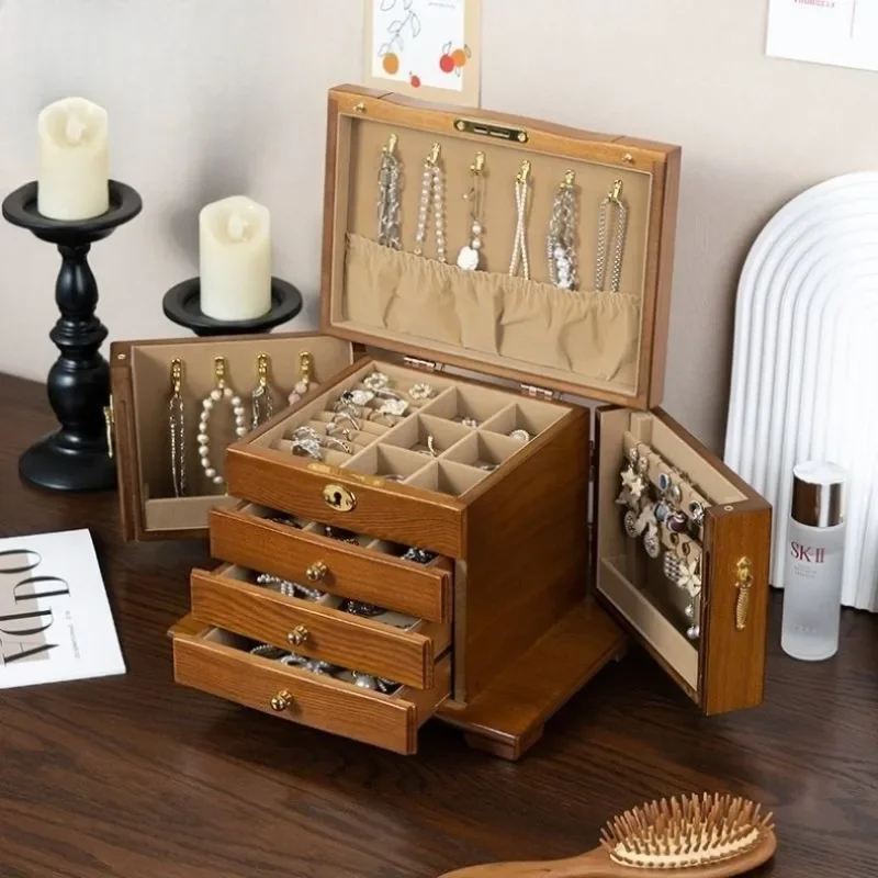 Wooden Jewelry Storage Box with Lock Large Capacity Necklace Storage Container Women Retro Ring Case Jewelry Accessory Organizer