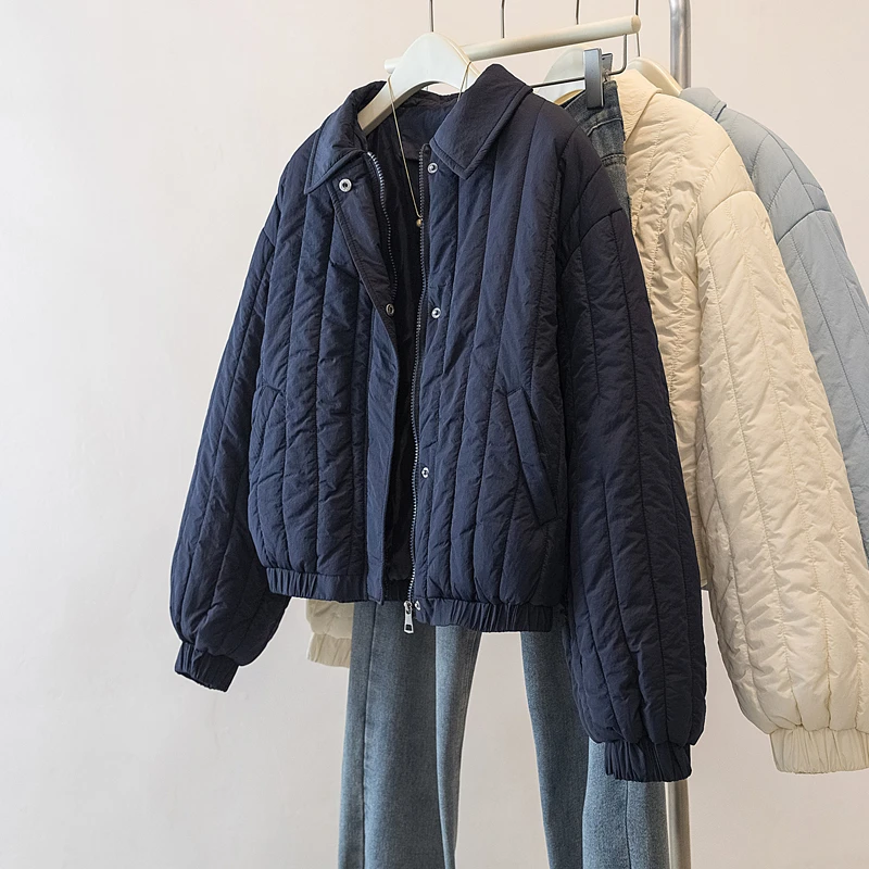 الخريف الشتاء خمر فضفاضة القطن وسادة مبطنة سترات المرأة الحلو جيب الصلبة معطف طويل الأكمام ملابس خارجية دافئة #1