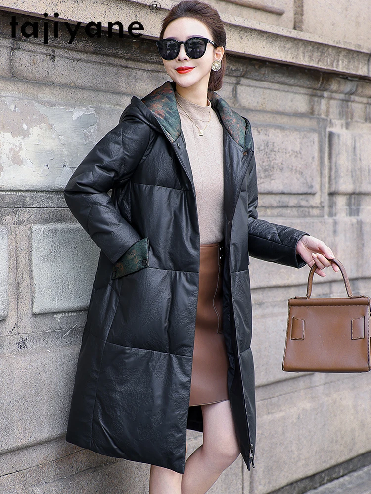 TAJIYANE 100% جلد الغنم سترة منفوخة المرأة مقنعين الأبيض أوزة أسفل معاطف فاخرة حقيقية سترات من الجلد 2025 ملابس امرأة كورت #4
